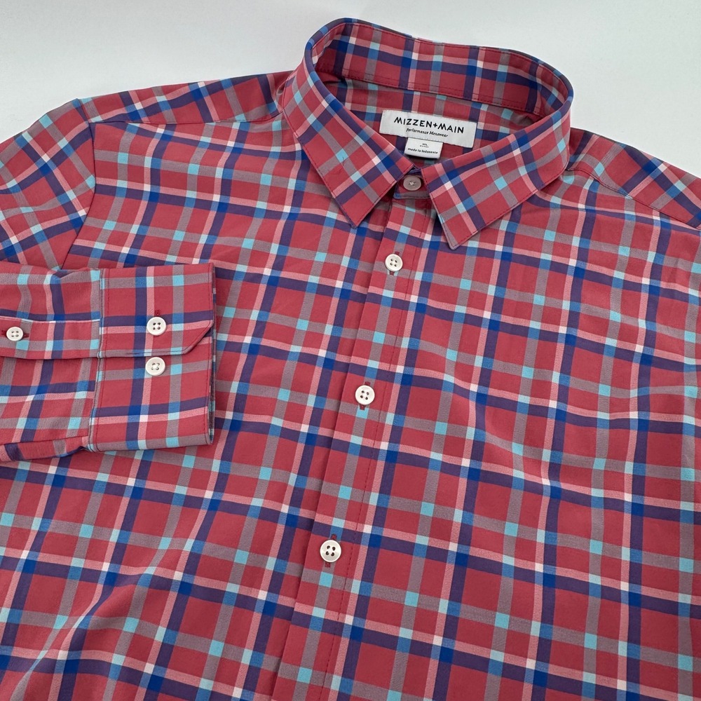 Mizzen + Main Button Down Mens XL Red Plaid Trim Fit Performance Stretch Shirt